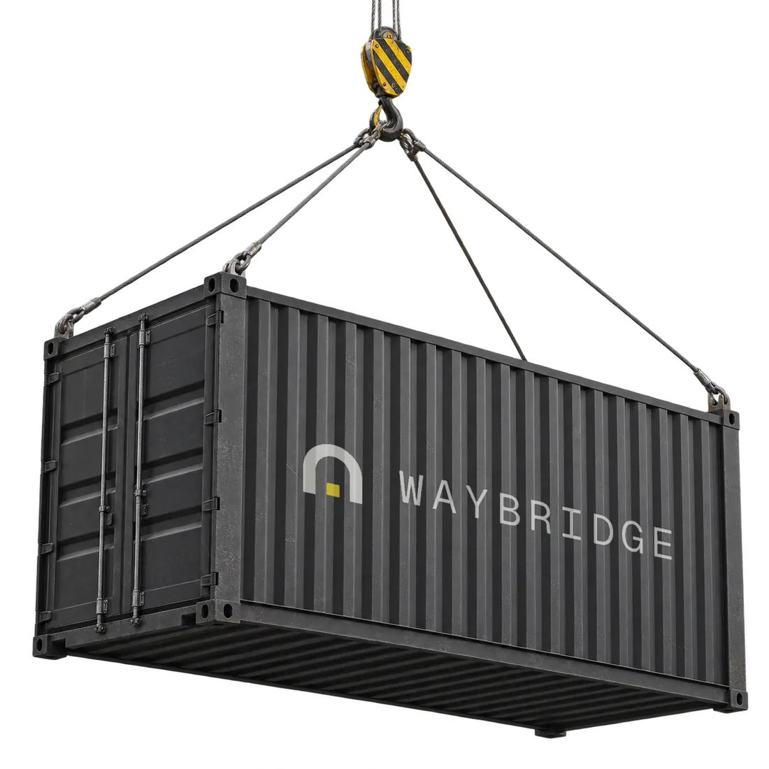 A black shipping container with the Waybridge logo, lifted by a crane hook