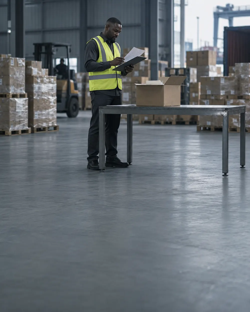 A clearing agent in a yellow vest checks documents beside an opened parcel in a Lagos cargo warehouse